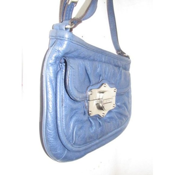 B Makowsky Denim Blue and Leather Crossbody With Bold Chrome Accents - Picture 7 of 12